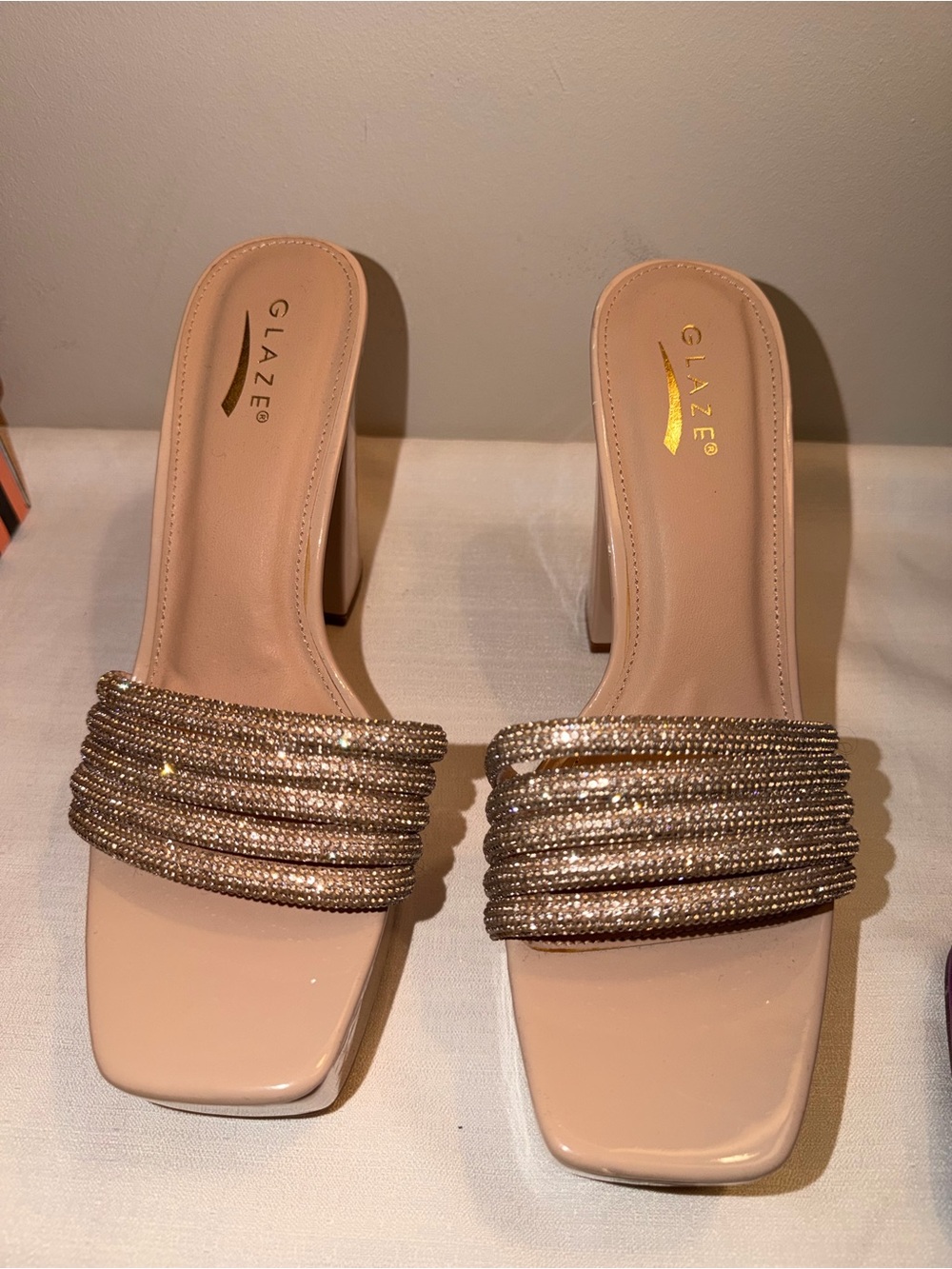 Nude Rhinestone Strap Block Heel Mules
